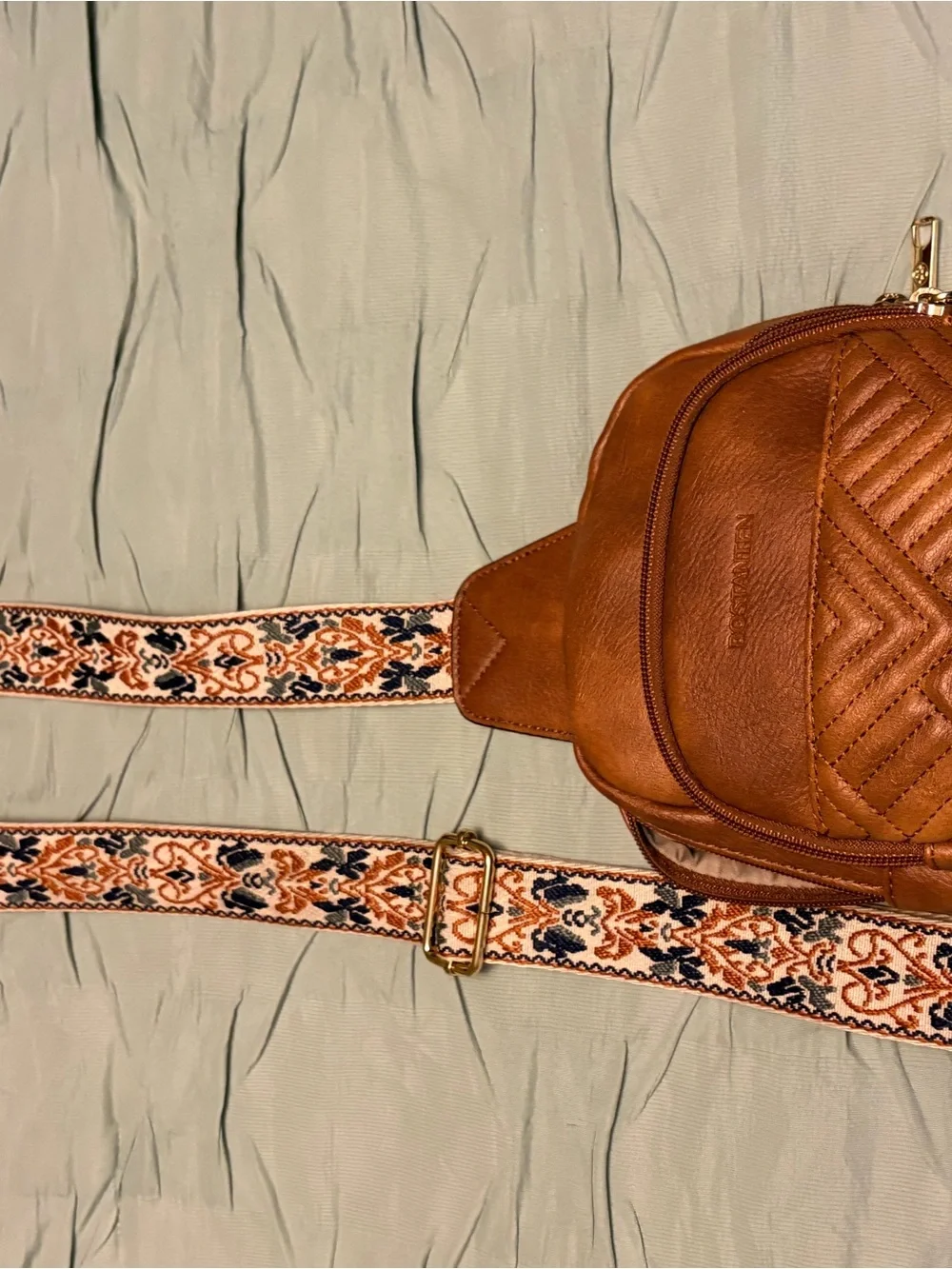 Quilted Tan Crossbody Bag and Wallet Set with Patterned Strap - Unknown Brand